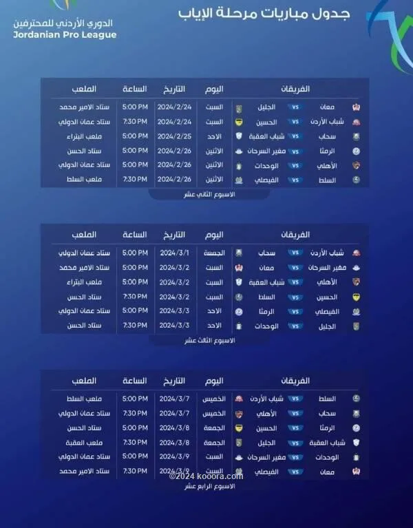  الاتحاد الأردني يصدر جدول مواعيد أول ثلاث جولات من الدوري